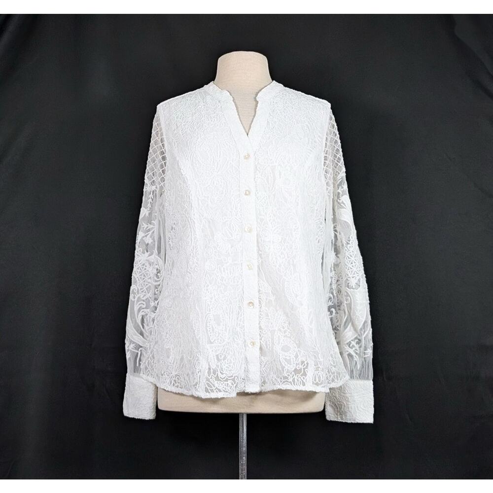 Soft Surroundings Top White Fiori Lace Embroidered Long Sleeve Women's Size L